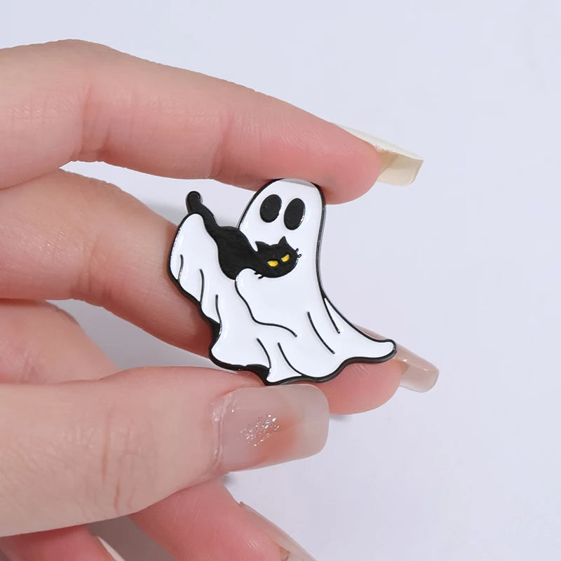 Cartoon Ghost Enamel Pins Custom Cute Black Cat Brooches Lapel Badges Halloween Animal Jewelry Gift for Kids Friends Good Girls Club