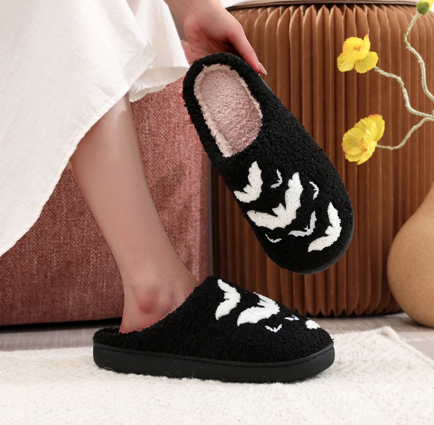 Halloween Bat Pattern Embroidered Plush Home Thick-Soled Comfortable Woolen Cotton Slippers Personalized Warm Non-Slip Indoor Slippers for Men and Women Can Wear Holiday Gifts Good Girls Club