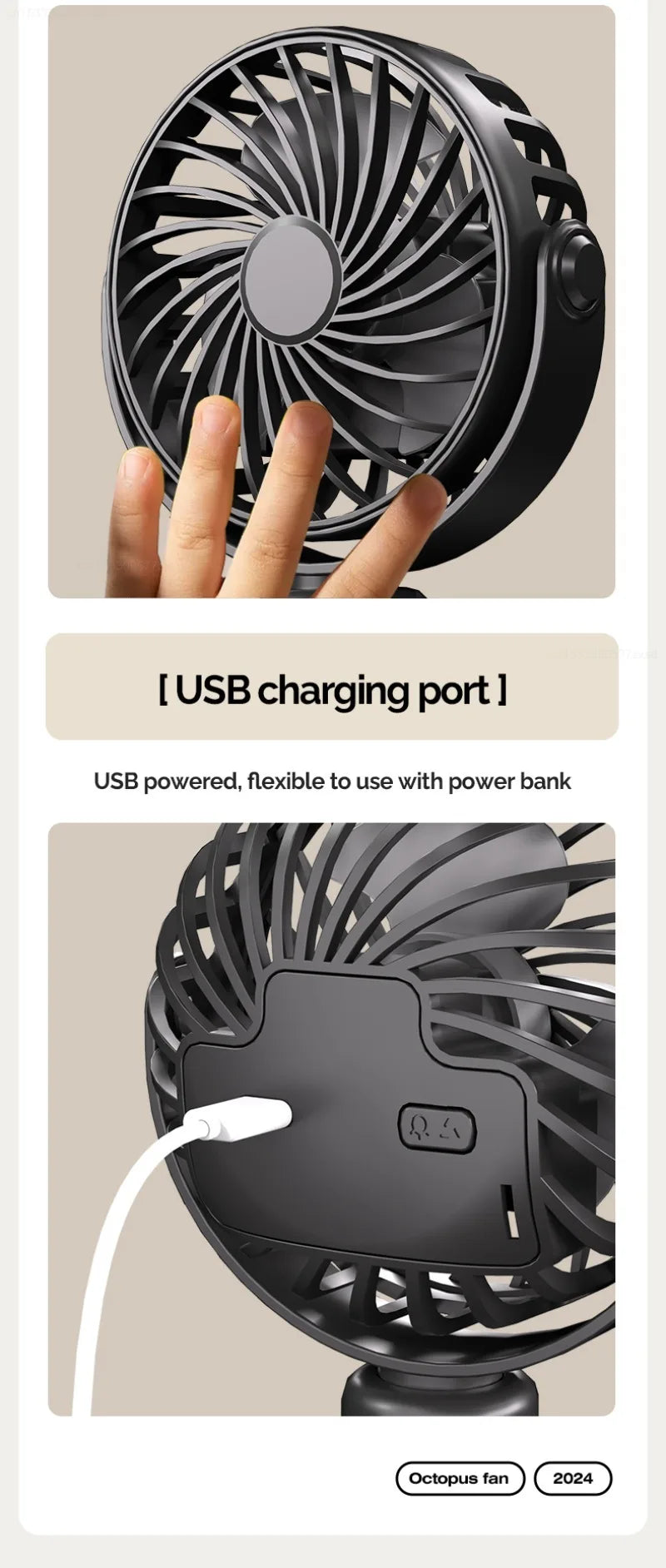 USB Rechargeable Portable Octopus Mini Fan, 3 Speed Handheld Cooling Fan With Hanger, For Stroller, Outdoor, Table, Necklace Good Girls Club