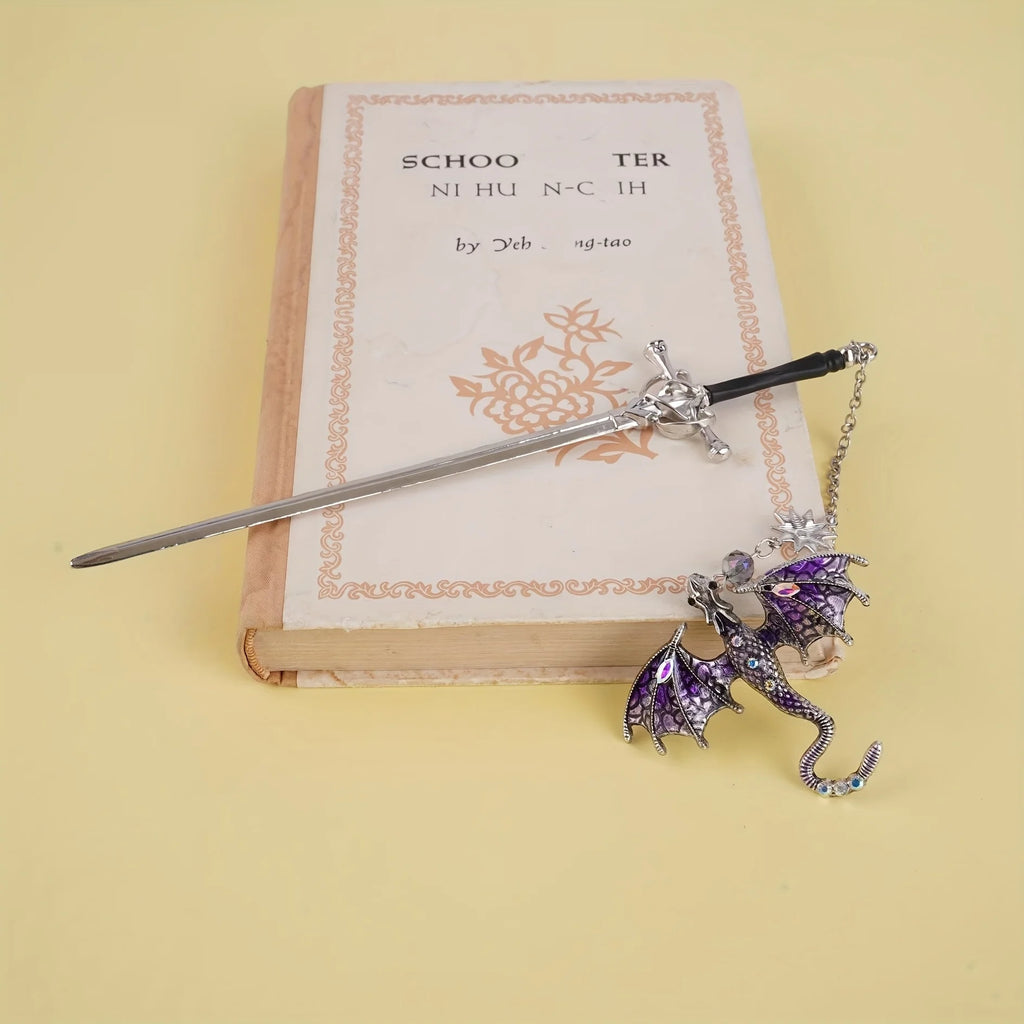 1Pc Sword and Dragon Alloy Bookmark, Gift for Reading Fans, Silver and Gold Fantasy Metal Pendant, Ideal Accessories for Readers, Holiday Hanging Decorations. Good Girls Club