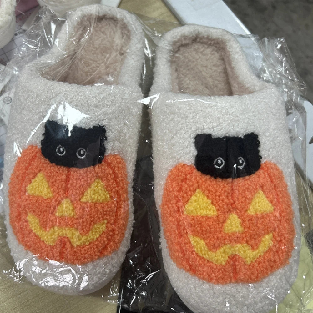 Halloween Pumpkin Cat Slippers Plush Closed Toe Slippers Flat Thermal Slippers Fuzzy Pumpkin Slippers for Outdoor Indoor Bedroom Good Girls Club