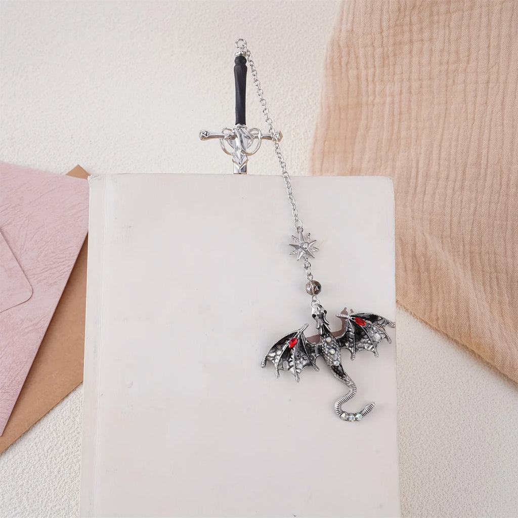 1Pc Sword and Dragon Alloy Bookmark, Gift for Reading Fans, Silver and Gold Fantasy Metal Pendant, Ideal Accessories for Readers, Holiday Hanging Decorations. Good Girls Club