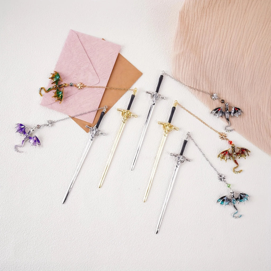 1Pc Sword and Dragon Alloy Bookmark, Gift for Reading Fans, Silver and Gold Fantasy Metal Pendant, Ideal Accessories for Readers, Holiday Hanging Decorations. Good Girls Club