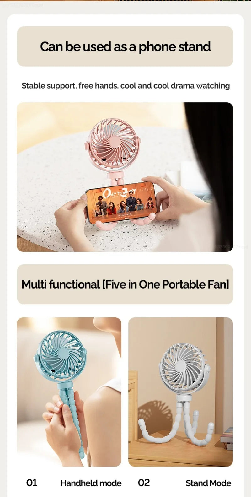 USB Rechargeable Portable Octopus Mini Fan, 3 Speed Handheld Cooling Fan With Hanger, For Stroller, Outdoor, Table, Necklace Good Girls Club