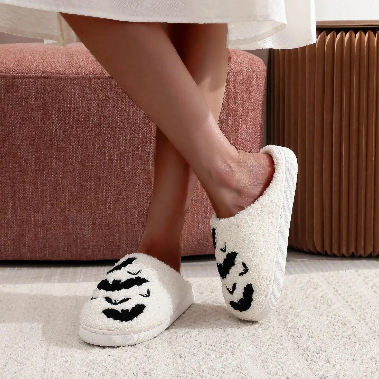 Halloween Bat Pattern Embroidered Plush Home Thick-Soled Comfortable Woolen Cotton Slippers Personalized Warm Non-Slip Indoor Slippers for Men and Women Can Wear Holiday Gifts Good Girls Club