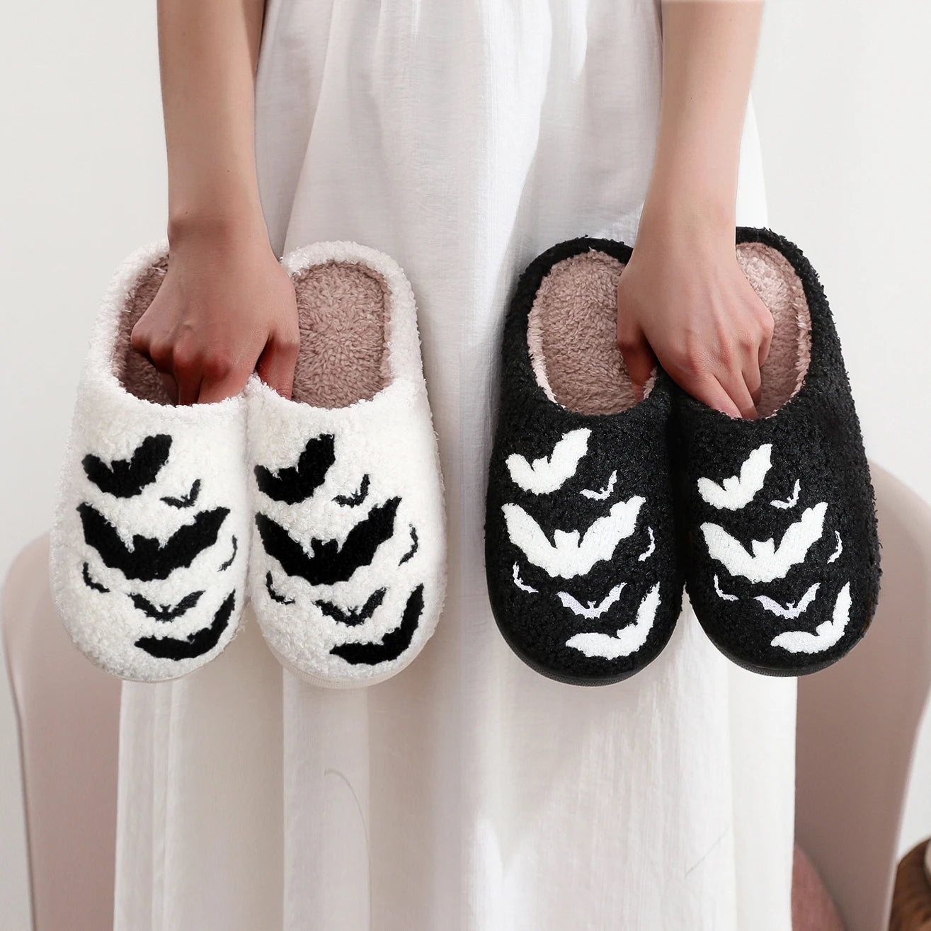 Halloween Bat Pattern Embroidered Plush Home Thick-Soled Comfortable Woolen Cotton Slippers Personalized Warm Non-Slip Indoor Slippers for Men and Women Can Wear Holiday Gifts Good Girls Club