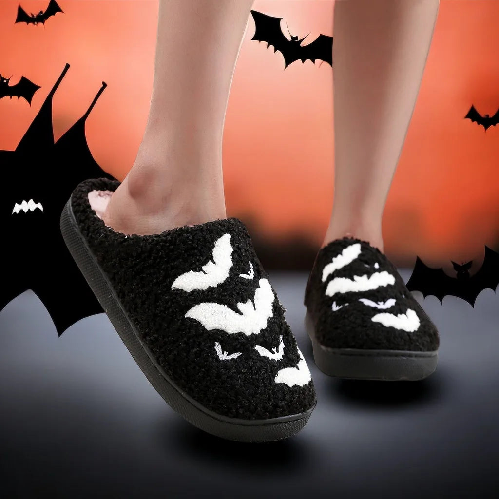 Halloween Bat Pattern Embroidered Plush Home Thick-Soled Comfortable Woolen Cotton Slippers Personalized Warm Non-Slip Indoor Slippers for Men and Women Can Wear Holiday Gifts Good Girls Club