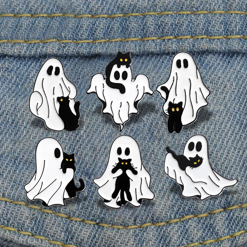 Cartoon Ghost Enamel Pins Custom Cute Black Cat Brooches Lapel Badges Halloween Animal Jewelry Gift for Kids Friends Good Girls Club