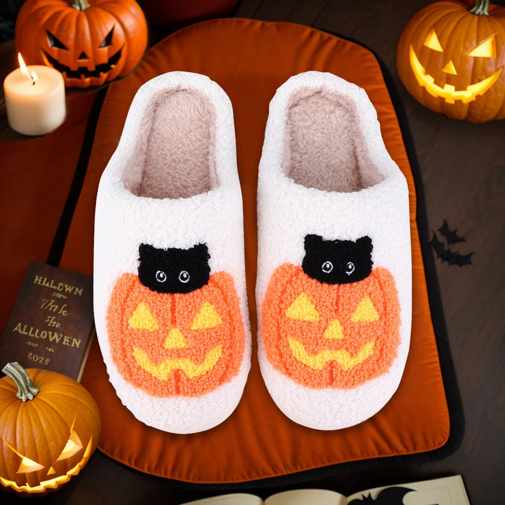 Halloween Pumpkin Cat Slippers Plush Closed Toe Slippers Flat Thermal Slippers Fuzzy Pumpkin Slippers for Outdoor Indoor Bedroom Good Girls Club