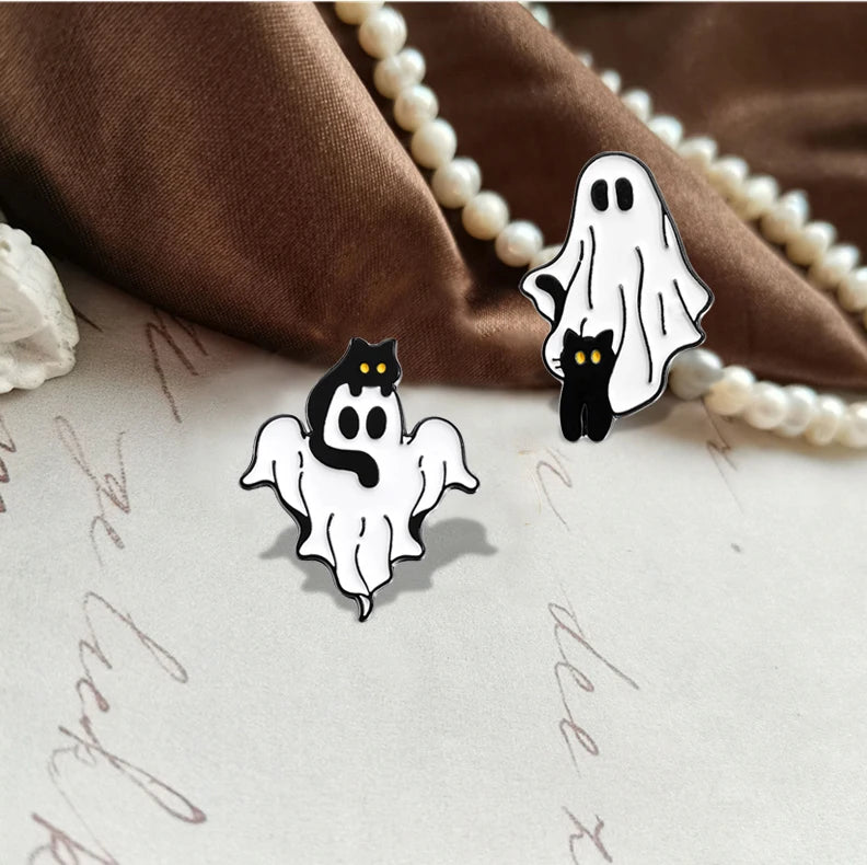 Cartoon Ghost Enamel Pins Custom Cute Black Cat Brooches Lapel Badges Halloween Animal Jewelry Gift for Kids Friends Good Girls Club