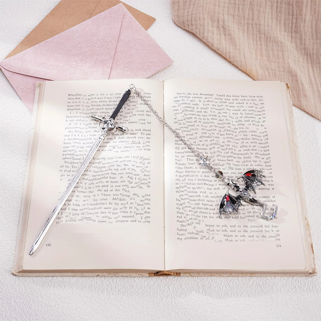 1Pc Sword and Dragon Alloy Bookmark, Gift for Reading Fans, Silver and Gold Fantasy Metal Pendant, Ideal Accessories for Readers, Holiday Hanging Decorations. Good Girls Club
