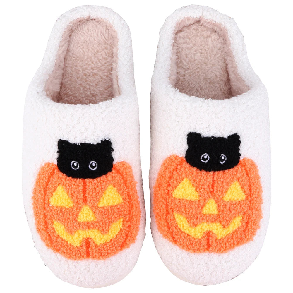 Halloween Pumpkin Cat Slippers Plush Closed Toe Slippers Flat Thermal Slippers Fuzzy Pumpkin Slippers for Outdoor Indoor Bedroom Good Girls Club