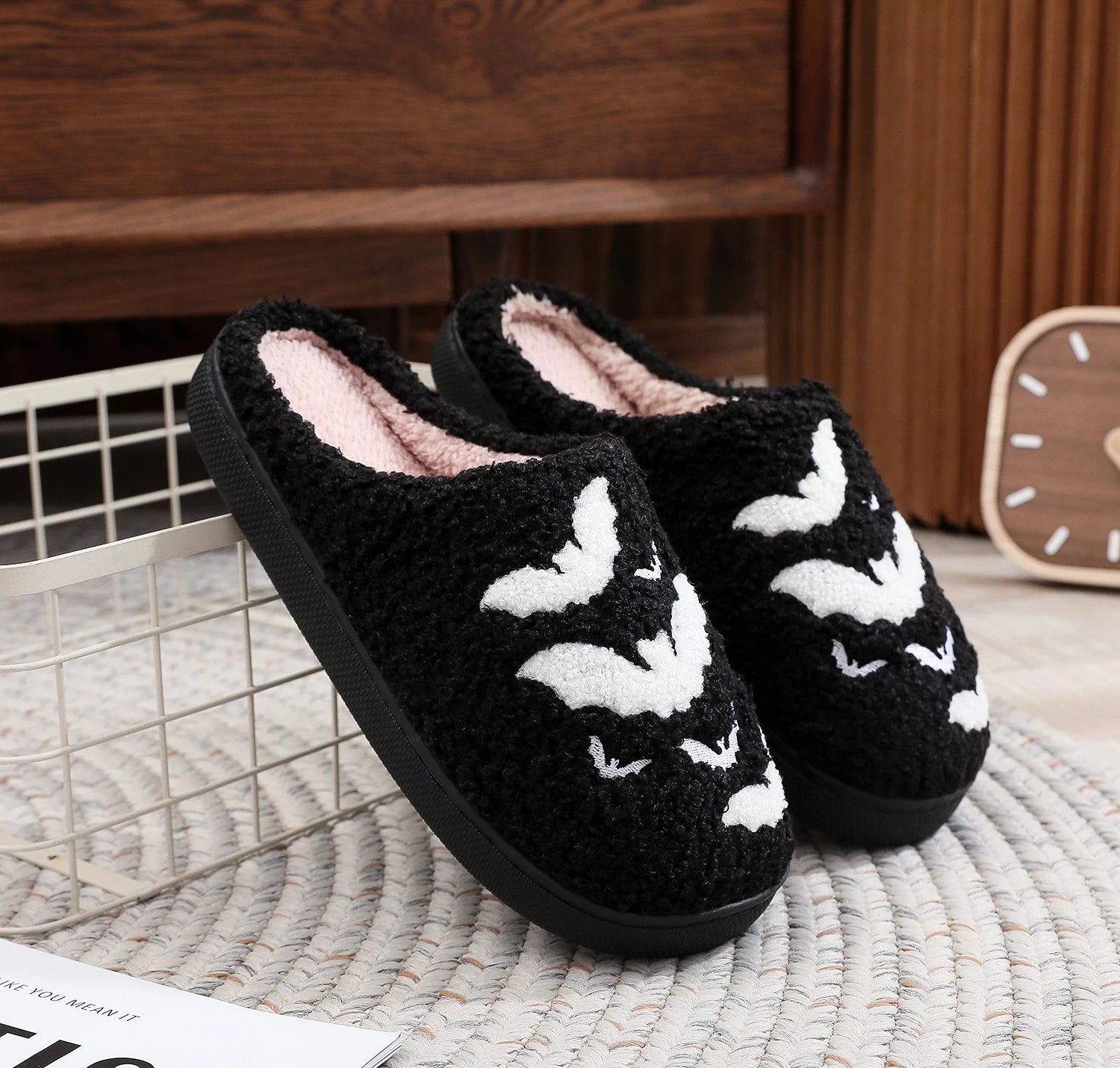 Halloween Bat Pattern Embroidered Plush Home Thick-Soled Comfortable Woolen Cotton Slippers Personalized Warm Non-Slip Indoor Slippers for Men and Women Can Wear Holiday Gifts Good Girls Club