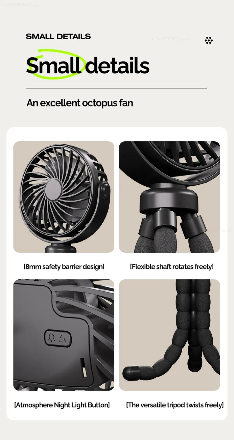USB Rechargeable Portable Octopus Mini Fan, 3 Speed Handheld Cooling Fan With Hanger, For Stroller, Outdoor, Table, Necklace Good Girls Club
