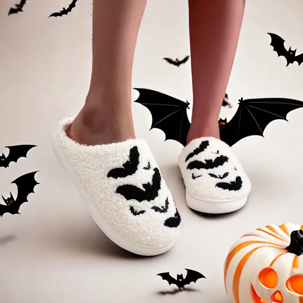 Halloween Bat Pattern Embroidered Plush Home Thick-Soled Comfortable Woolen Cotton Slippers Personalized Warm Non-Slip Indoor Slippers for Men and Women Can Wear Holiday Gifts Good Girls Club