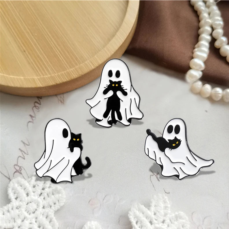 Cartoon Ghost Enamel Pins Custom Cute Black Cat Brooches Lapel Badges Halloween Animal Jewelry Gift for Kids Friends Good Girls Club