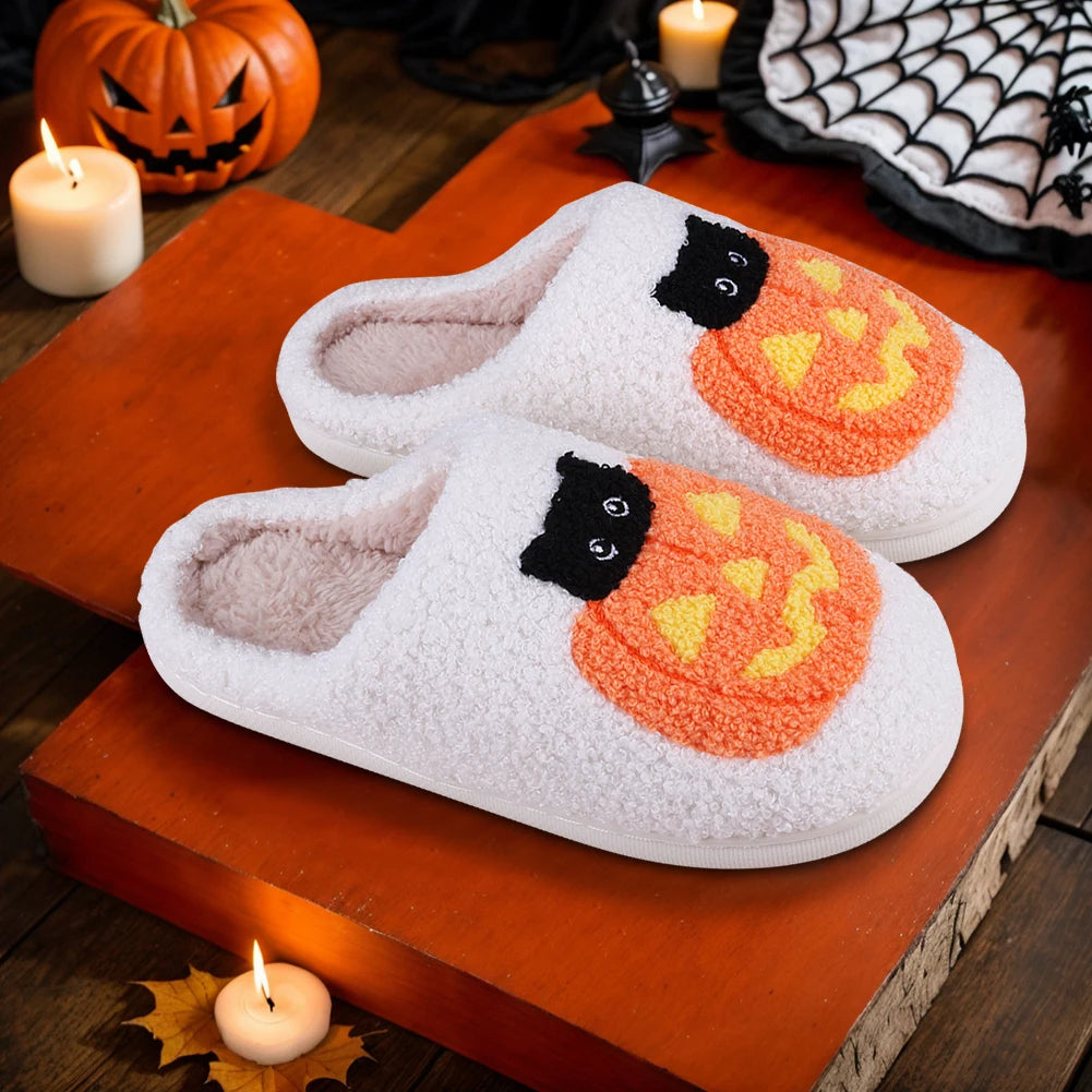 Halloween Pumpkin Cat Slippers Plush Closed Toe Slippers Flat Thermal Slippers Fuzzy Pumpkin Slippers for Outdoor Indoor Bedroom Good Girls Club