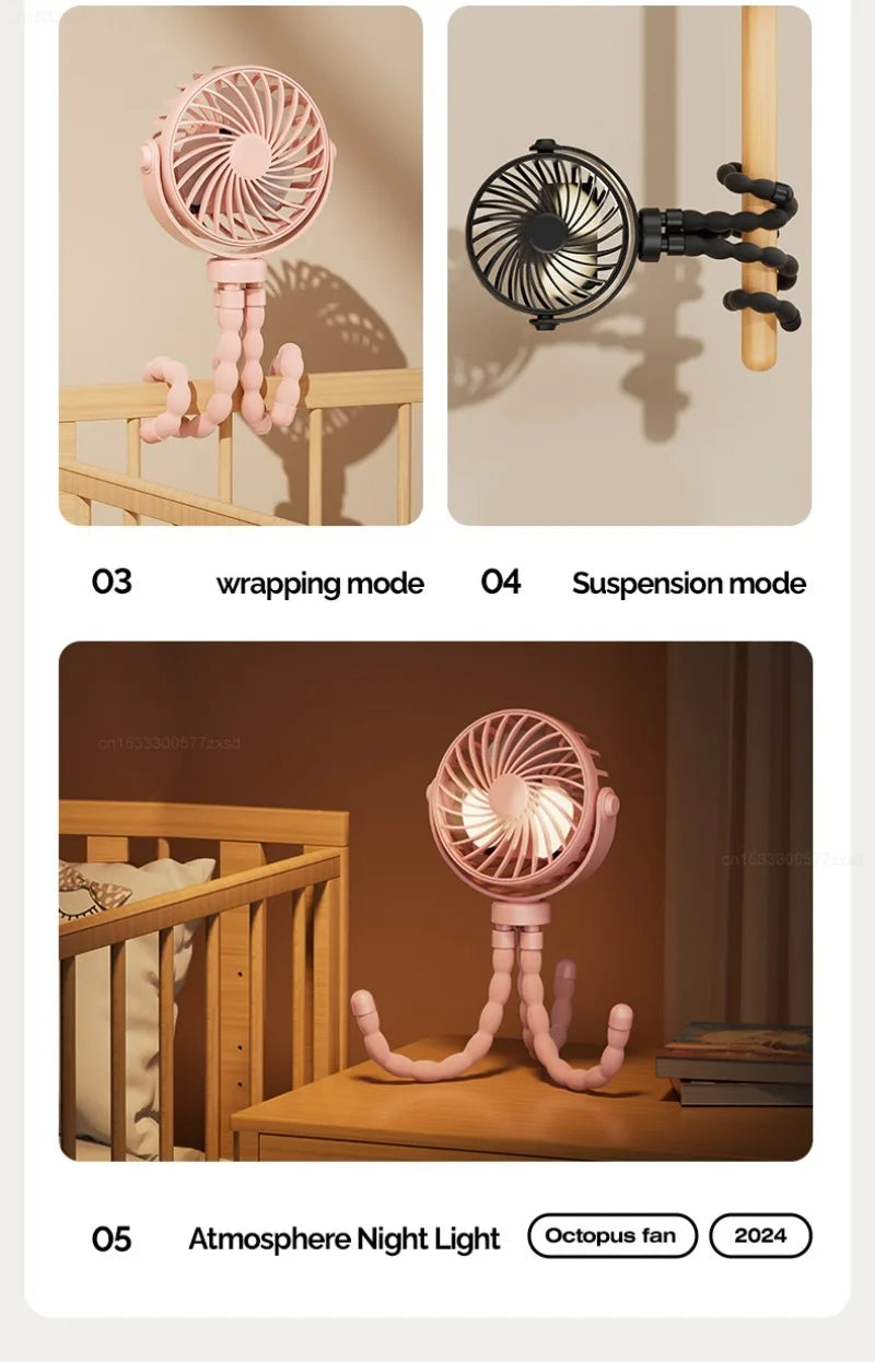USB Rechargeable Portable Octopus Mini Fan, 3 Speed Handheld Cooling Fan With Hanger, For Stroller, Outdoor, Table, Necklace Good Girls Club