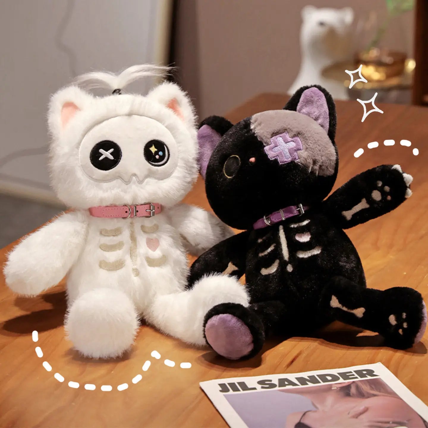 35cm Gothic Black and white fluffy Skeleton Cat Soft Plush Toy Good Girls Club