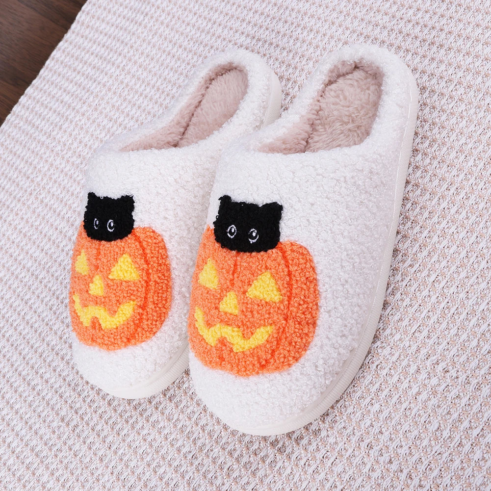 Halloween Pumpkin Cat Slippers Plush Closed Toe Slippers Flat Thermal Slippers Fuzzy Pumpkin Slippers for Outdoor Indoor Bedroom Good Girls Club