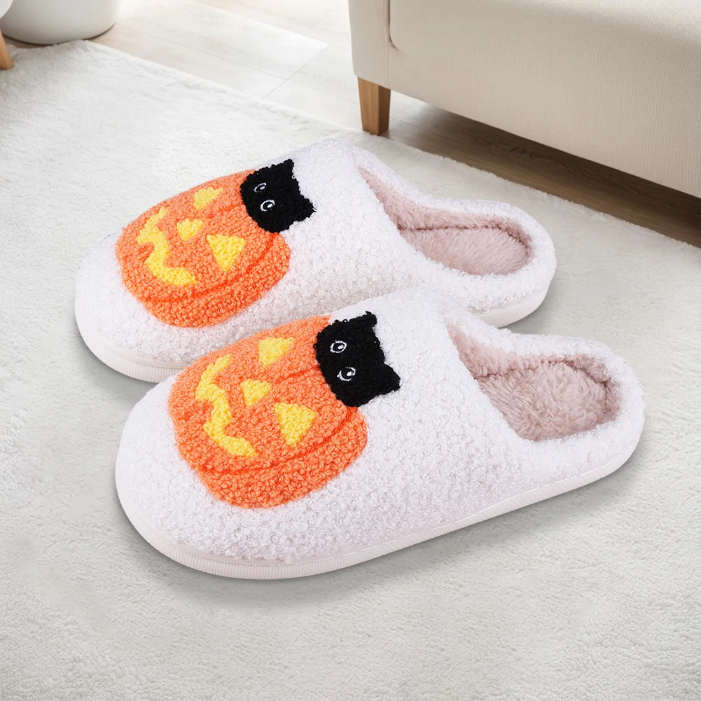 Halloween Pumpkin Cat Slippers Plush Closed Toe Slippers Flat Thermal Slippers Fuzzy Pumpkin Slippers for Outdoor Indoor Bedroom Good Girls Club