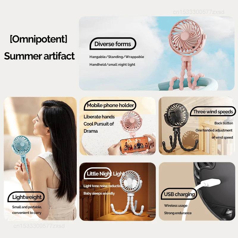 USB Rechargeable Portable Octopus Mini Fan, 3 Speed Handheld Cooling Fan With Hanger, For Stroller, Outdoor, Table, Necklace Good Girls Club