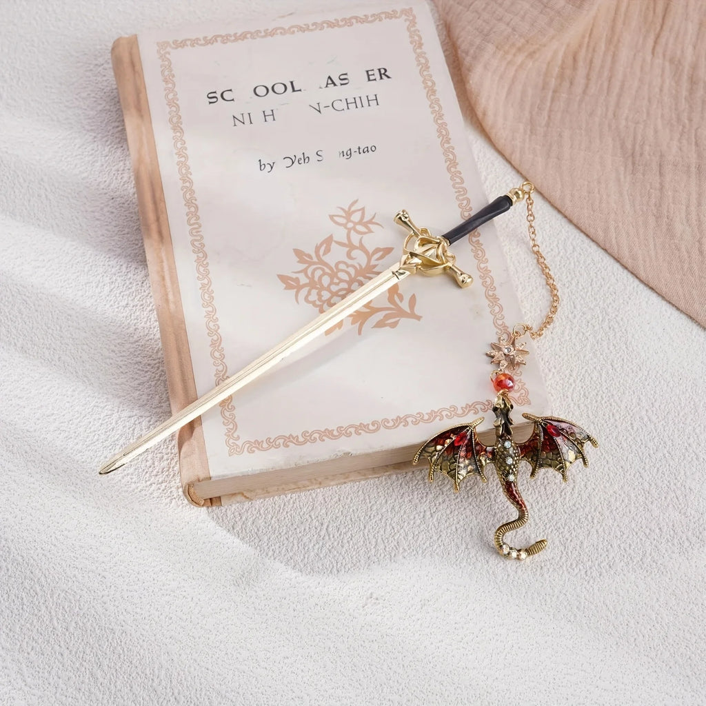 1Pc Sword and Dragon Alloy Bookmark, Gift for Reading Fans, Silver and Gold Fantasy Metal Pendant, Ideal Accessories for Readers, Holiday Hanging Decorations. Good Girls Club