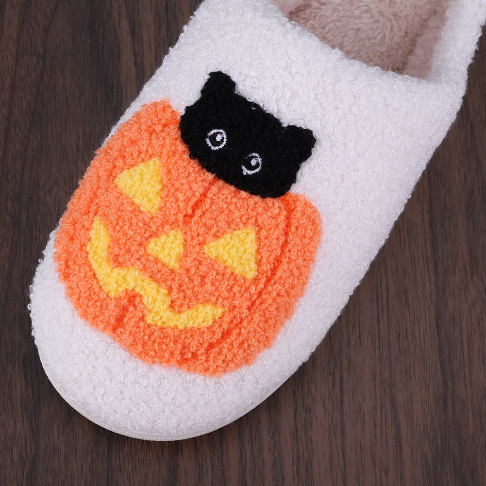 Halloween Pumpkin Cat Slippers Plush Closed Toe Slippers Flat Thermal Slippers Fuzzy Pumpkin Slippers for Outdoor Indoor Bedroom Good Girls Club