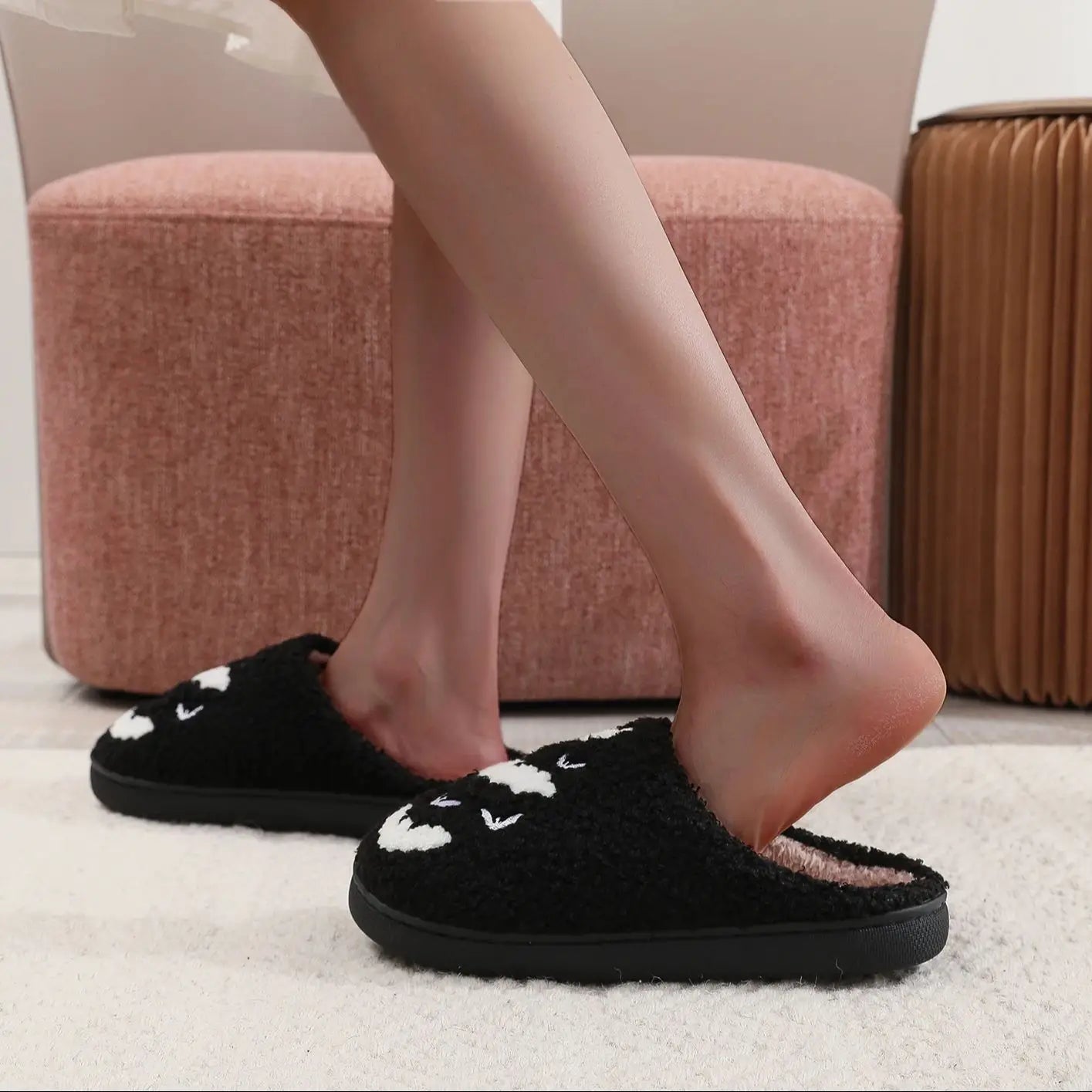 Halloween Bat Pattern Embroidered Plush Home Thick-Soled Comfortable Woolen Cotton Slippers Personalized Warm Non-Slip Indoor Slippers for Men and Women Can Wear Holiday Gifts Good Girls Club