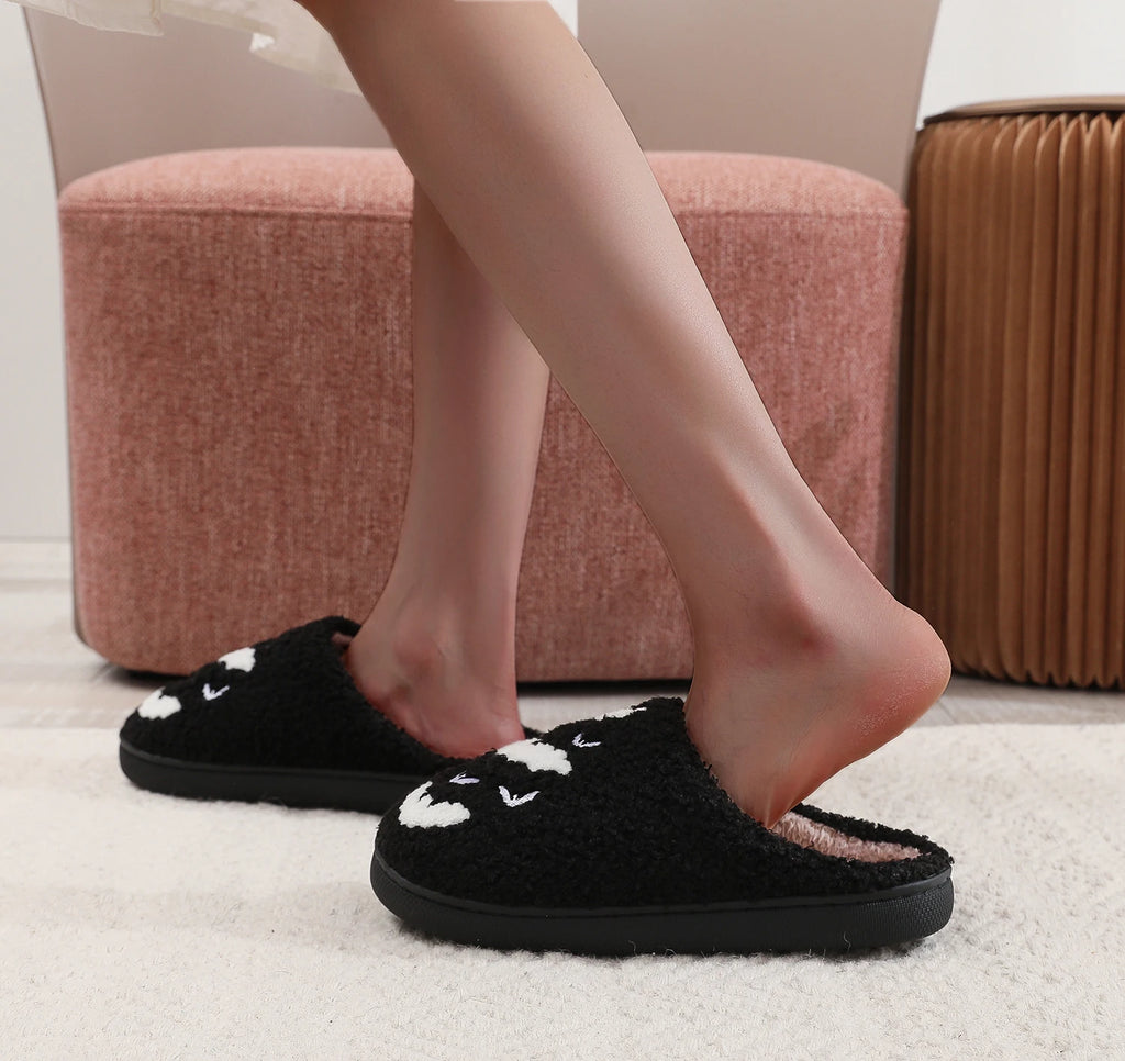 Halloween Bat Pattern Embroidered Plush Home Thick-Soled Comfortable Woolen Cotton Slippers Personalized Warm Non-Slip Indoor Slippers for Men and Women Can Wear Holiday Gifts Good Girls Club