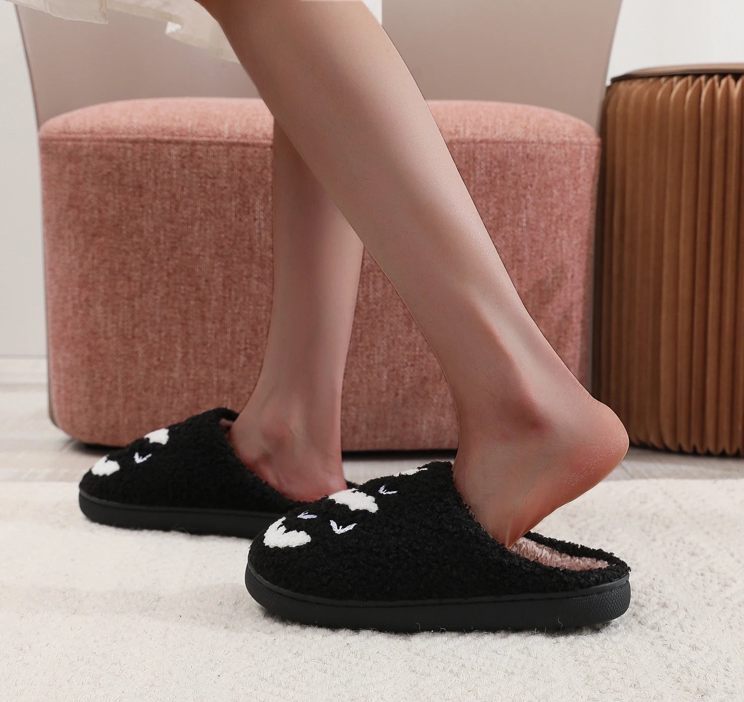 Halloween Bat Pattern Embroidered Plush Home Thick-Soled Comfortable Woolen Cotton Slippers Personalized Warm Non-Slip Indoor Slippers for Men and Women Can Wear Holiday Gifts Good Girls Club