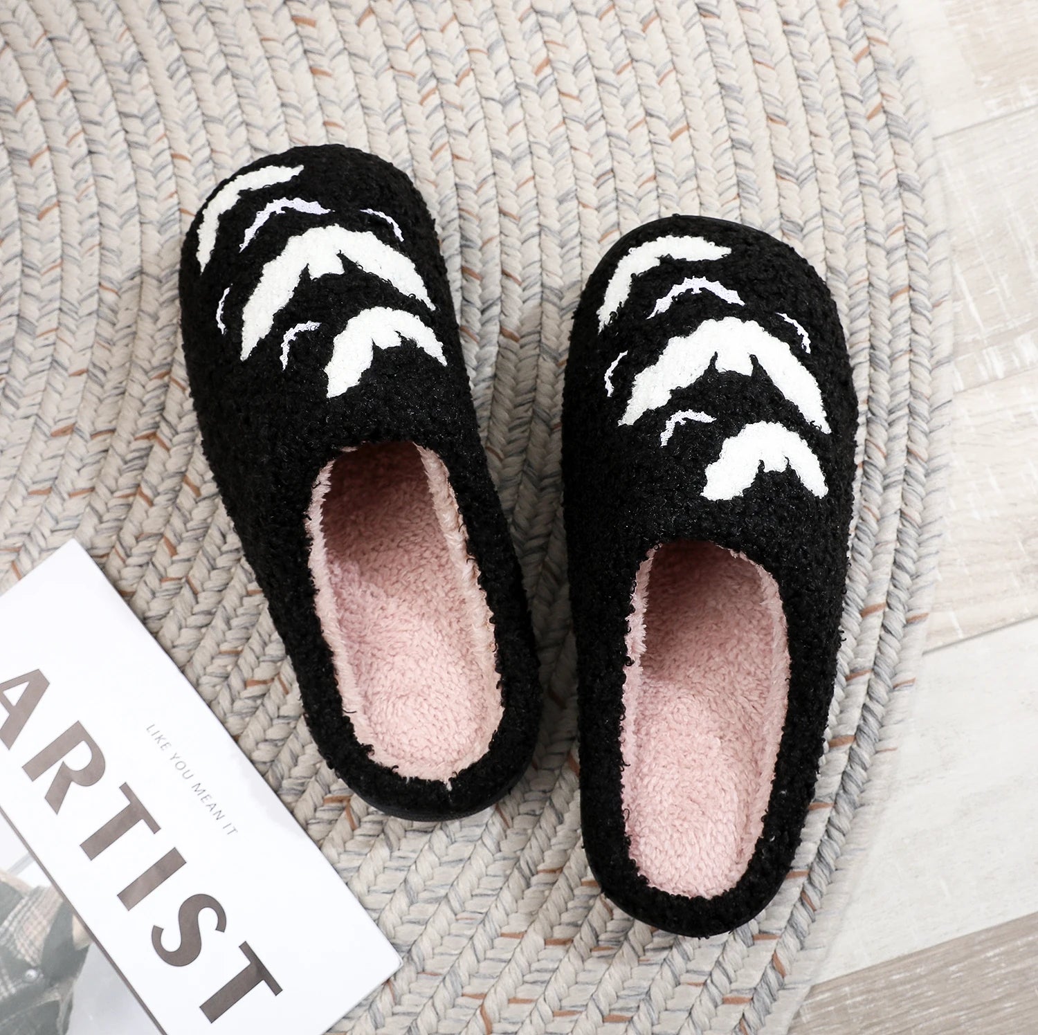 Halloween Bat Pattern Embroidered Plush Home Thick-Soled Comfortable Woolen Cotton Slippers Personalized Warm Non-Slip Indoor Slippers for Men and Women Can Wear Holiday Gifts Good Girls Club