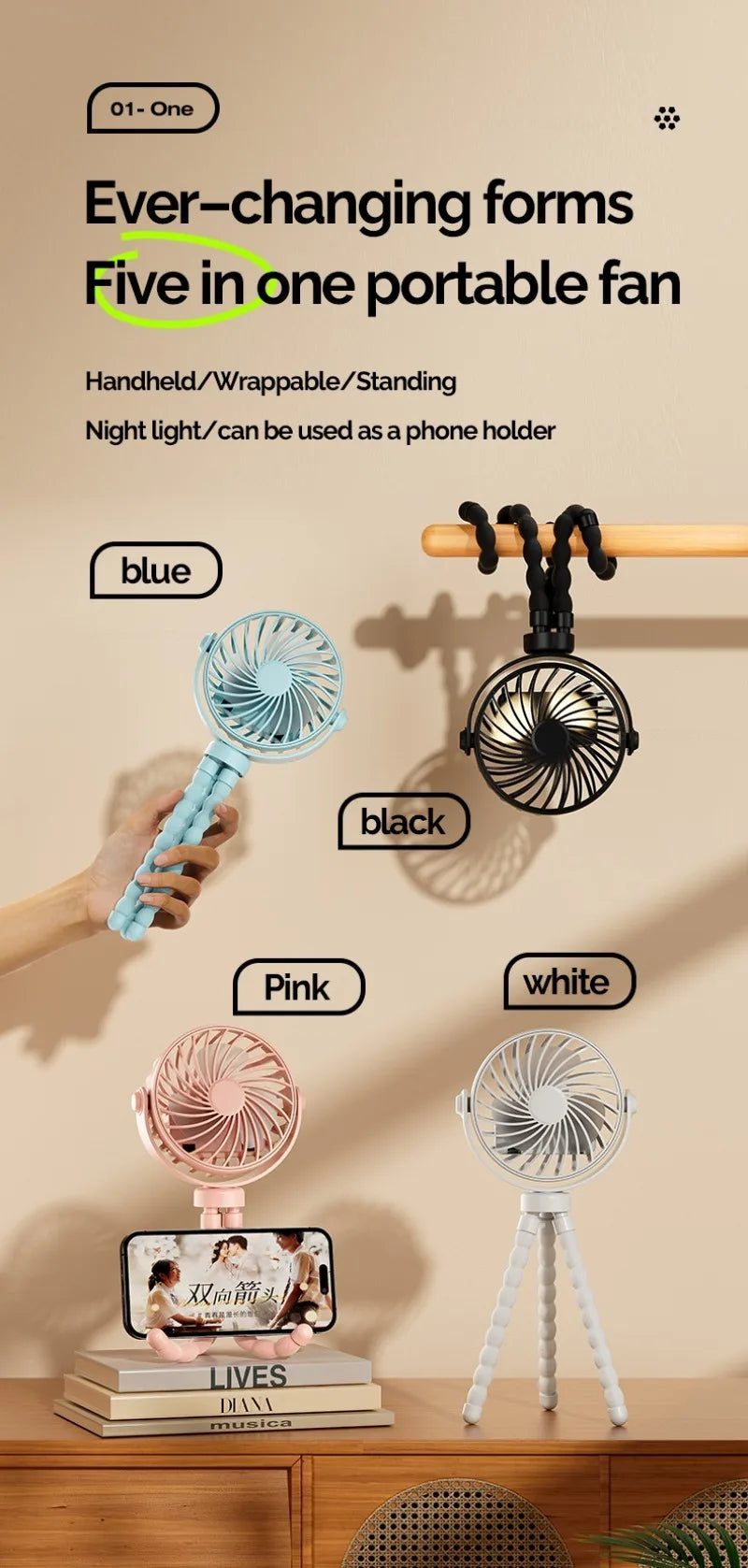 USB Rechargeable Portable Octopus Mini Fan, 3 Speed Handheld Cooling Fan With Hanger, For Stroller, Outdoor, Table, Necklace Good Girls Club