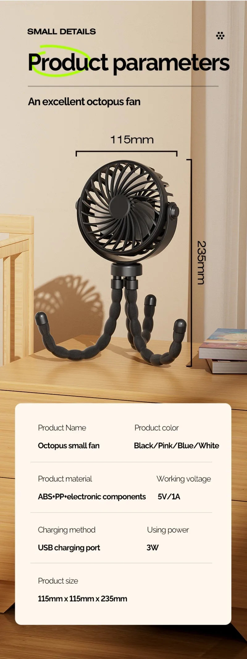 USB Rechargeable Portable Octopus Mini Fan, 3 Speed Handheld Cooling Fan With Hanger, For Stroller, Outdoor, Table, Necklace Good Girls Club