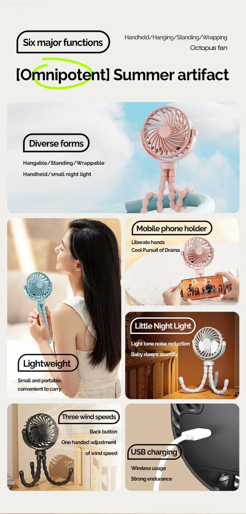 USB Rechargeable Portable Octopus Mini Fan, 3 Speed Handheld Cooling Fan With Hanger, For Stroller, Outdoor, Table, Necklace Good Girls Club